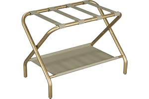 Smuxee Gold Luggage Rack, Foldable Suitcase Stand with Fabric Storage Shelf, Luggage Holder with 4 Nylon Straps for Guest Room Bedroom Hotel