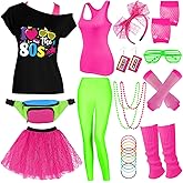 80s Outfit Women Costume Accessories Set, T-Shirt Tank Top Leggings Tutu Skirt Fanny Pack for Halloween, 80s Neon Party