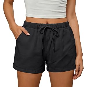 Linen Shorts for Women Casual Elastic High Waisted Beach Short Pants with Drawstring Side Pockets Loose Fit Wide Leg