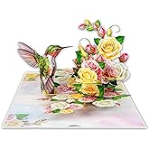TaNoTool Greeting Card Green Hummingbird with Roses 3D Pop-Up Cards Handmade Birthday Flower Gift for Women, Mom, Wife, Men 6x8 Inches Aniversary Wedding Christmas Gifts Floral Thank you Envelope