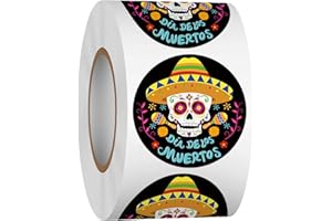 Heyfibro 500 pcs Day of The Dead stickers, 1.5 Inch Dia de Los Muertos Roll Stickers, Halloween Spanish Sugar Skull Sticker for Gift Boxes, Candy Bags, Envelopes, Cards, Cookie Bags(Hat)
