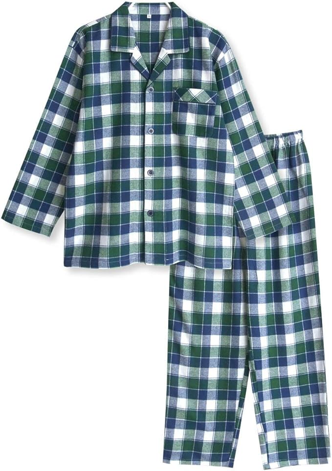 Amazon 綿100 冬 長袖 メンズ パジャマ ネル 起毛 素材 チェック Lサイズ グリーン パジャマ 通販