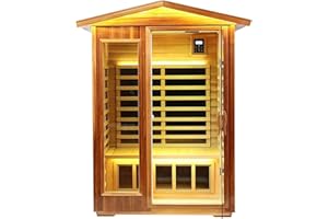 KUNSANA Red Cedar Outdoor Sauna 2 Person,Low EMF Far Infrared Adjustable Sauna,outdoor saunas for home,Traditional Sauna Spa,1850W,8 Heating Plates,LCD Control Panel,Chromotherapy Light,Bluetooth Speaker