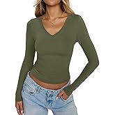 EasyGala Womens Double Lined V Neck Long Sleeve Shirts Slim Fit Layering Tee Going Out Tops Trendy Fall Clothes 2025
