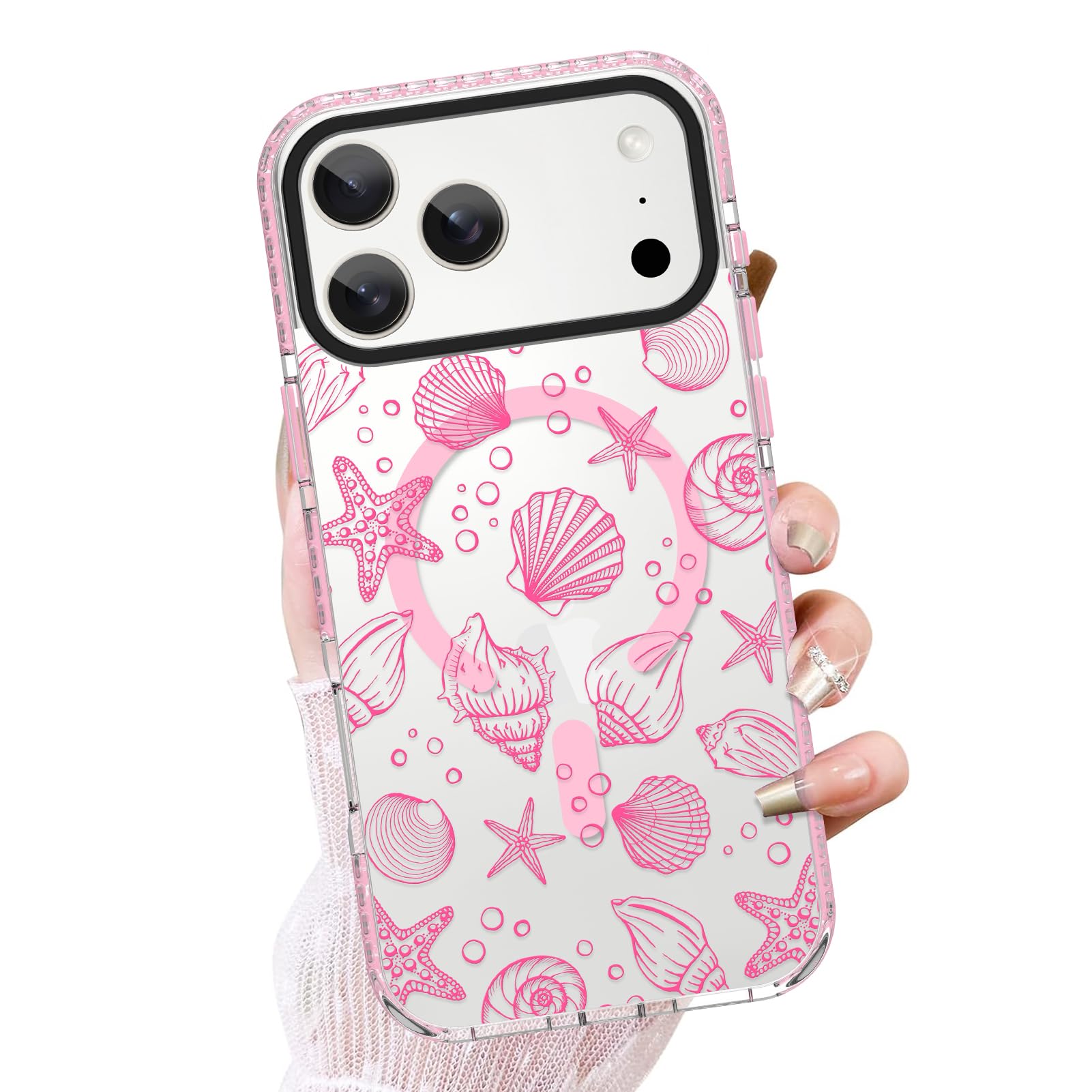 OOK Clear case for iPhone 17 Pro Case, Cute Pink Sea Shell Art Design Soft TPU Bumper Hard PC Shockproof Protective for Women Girls Slim Magnetic Phone Cover