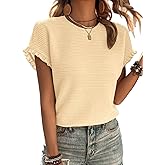 Samefar Womens Short Sleeve Tops Round Neck Ruffle Casual Summer Textured Work T Shirts Tee Blouse