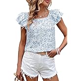 Women's 2025 Summer Top Ruffle Butterfly Sleeve Square Neck Bow Knot Textured Shirt Casual Blouses