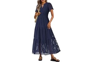 PRETTYGARDEN Womens 2025 Summer Maxi Dress Short Sleeve V Neck Hollow Out Eyelet A Line Long Flowy Beach Vacation Dresses