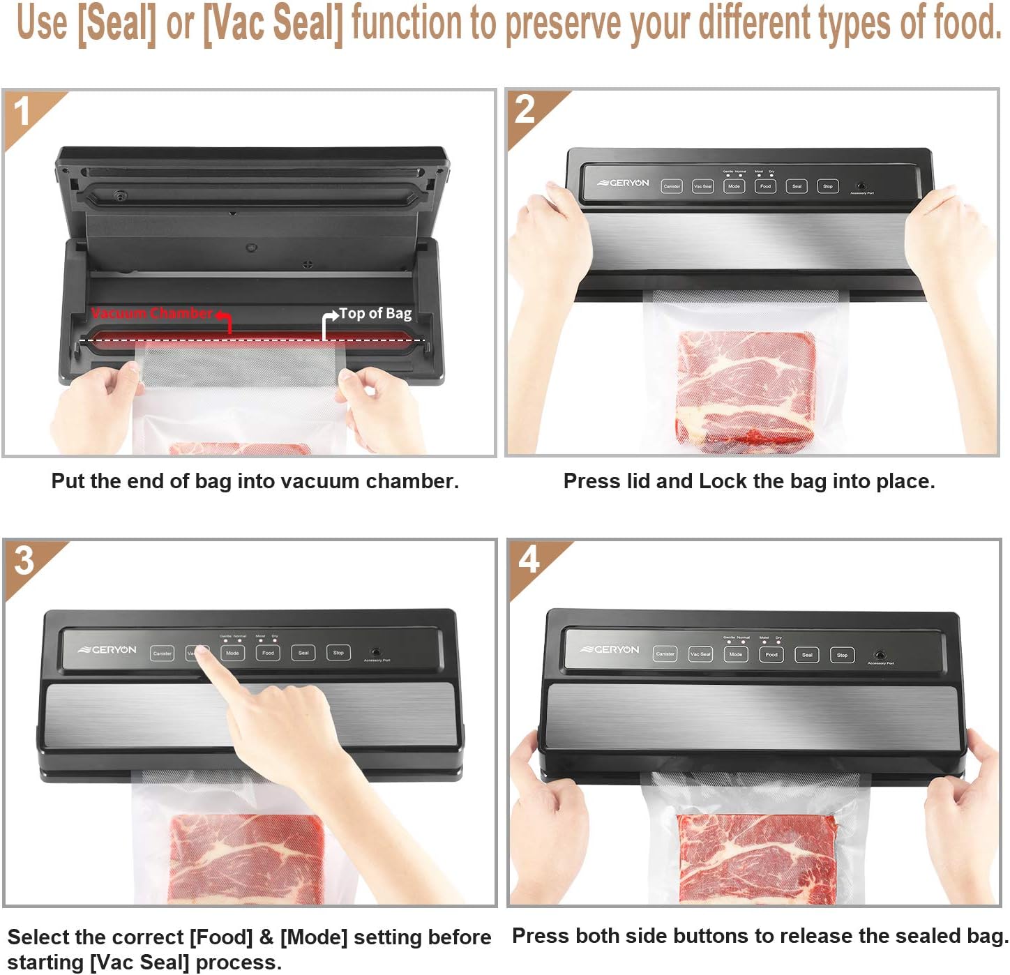 GERYON Vacuum Sealer Machine, Automatic Food Sealer for Food Savers w/Starter Kit|Led Indicator Lights|Easy to Clean|Dry & Moist Food Modes| Compact Design (Silver): Kitchen & Dining