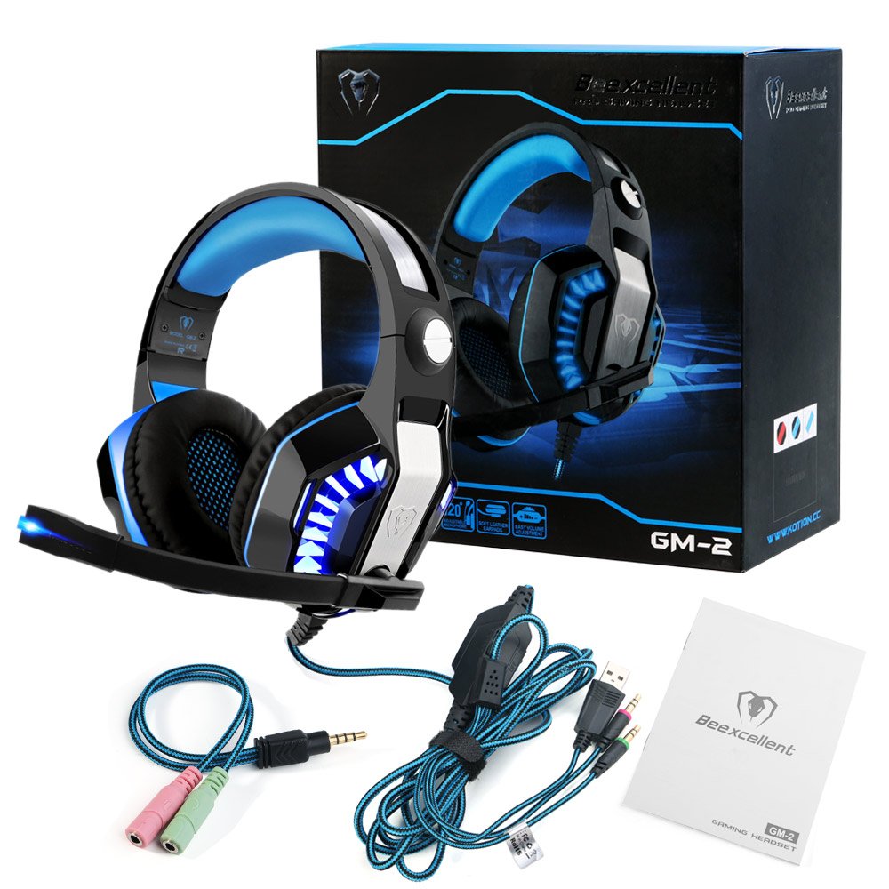 ARINO GM-2 Gaming Headset Over-Ear Kopfhörer mit LED Licht und Mikrofon für PS4 PC Xbox One Handy Spiele, Klangvolle Bässe Schwarz-Blau