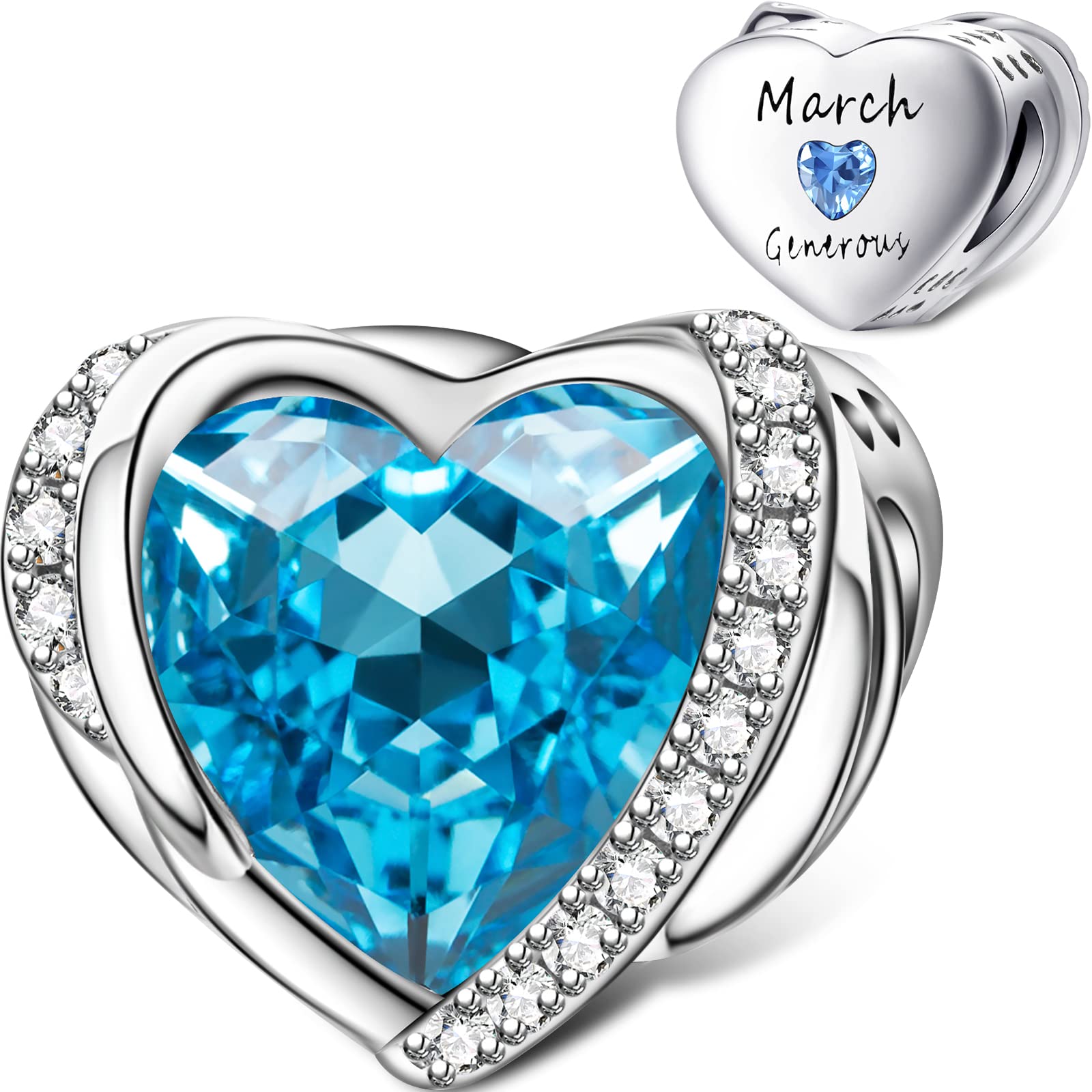 March Birthstone Charms for Pandora Charms Bracelet, Angel Wings 925 Sterling Silver Love Heart Bead Pendant Engraved Generous,Birthday Mother's day Jewelry Gifts for Women Girls