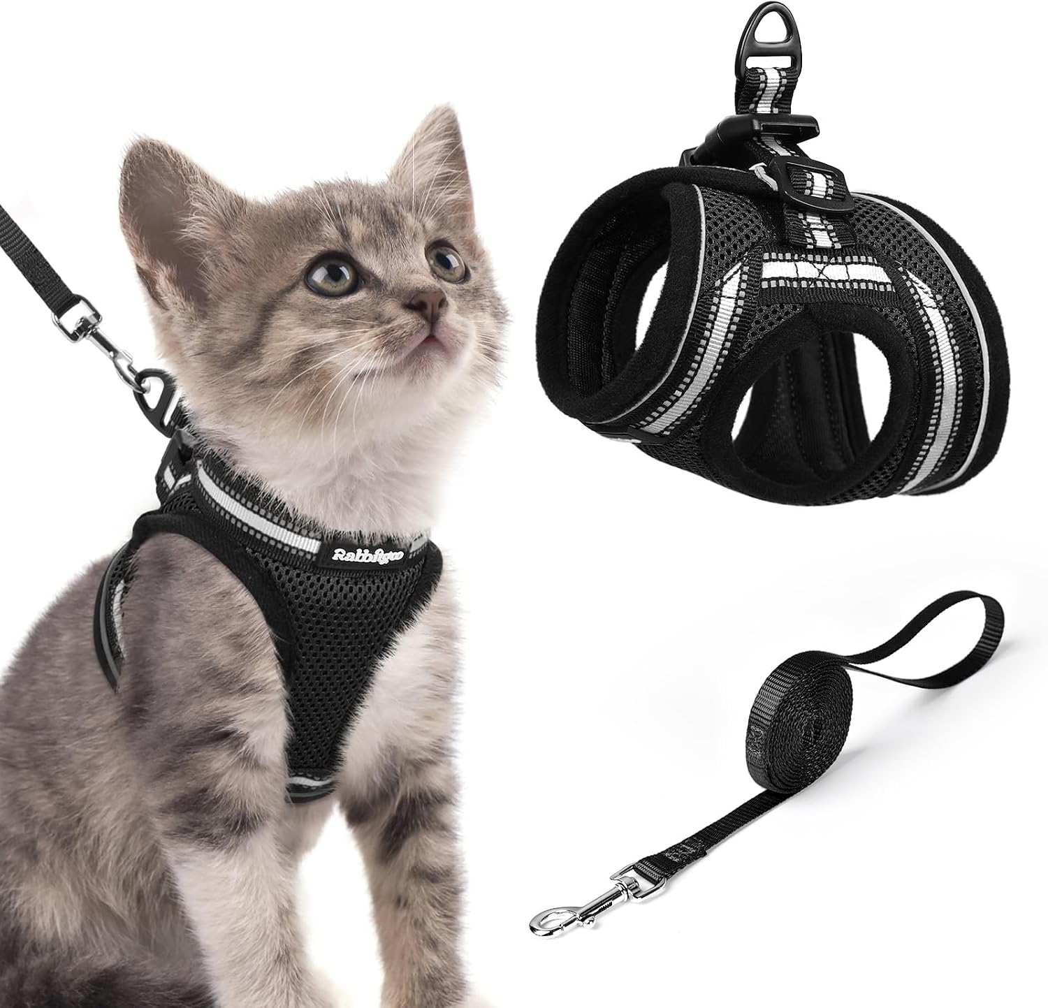 rabbitgoo Cat Harness and Leash Set for Walking Escape Proof, Adjustable Soft Kittens Vest with Reflective Strip for Cats, Comfortable Outdoor Vest, Black, Small