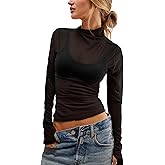 Essrite Womens Mesh Sheer Lace Laying Top Mock Neck Long Sleeve Polka Dot See Through Shirt Blouses Tops