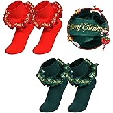 KUANINUNAR Women Ruffle Ankle Sock Adult Double Lace Turn Cuff Cotton Frilly Dress Cute Dwarf Xmas Sock with Merry Christmas