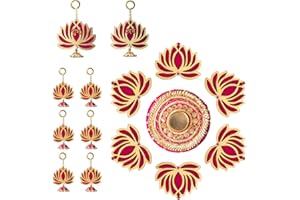 LETZ CELEBRATE 15 Pc Set Diwali Decorations for Home with 2 Pc Shubh Labh Wall/Door Hanging, 6 Pc Lotus Hangings, 7 Pc Lotus Rangoli with Tea Light Holder (Non Stick), Pooja Decor for Home, Diwali Gift, Party Favor