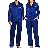 SWOMOG Couples Pajamas Womens &Mens Matching Pajamas Set Silk Satin Pj Set Long Sleeve Button Down Sleepwear 2 Pcs Loungewear