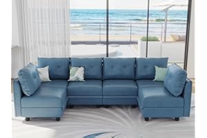 LLAPPUIL Faux Leather Fabric Modular Sofa Sectional Couch with Reversible Chaises, 6 Seater U-Shaped Storage Seat, Convertibl