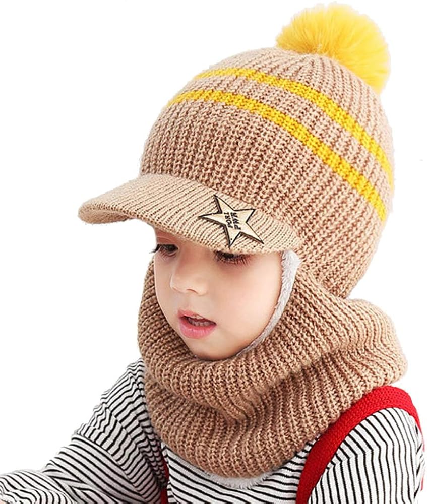 Uniyoung Baby Winter Warm Hat Scarf Toddler Girls Boys Ear Flaps Hood Balaclava Kids Fleece Lining Knit Pompom Beanie Hat with Visor Ski Snow Caps for 1-5 Years (Coffee)