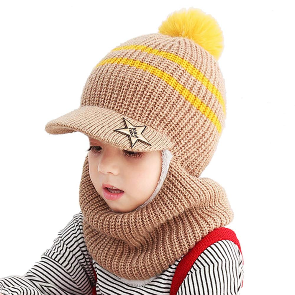 Uniyoung Baby Winter Warm Hat Scarf Toddler Girls Boys Ear Flaps Hood Balaclava Kids Fleece Lining Knit Pompom Beanie Hat with Visor Ski Snow Caps for 1-5 Years (Coffee)