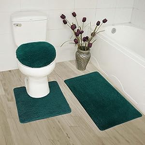 GorgeousHomeLinenVarious Colors 3 Pc Bathroom Set Bath Mat, Contour, and Toilet Lid Cover, with Rubber Backing (Hunter Green)