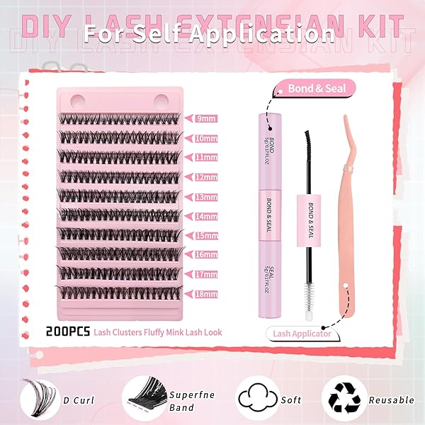 CLUSTER EYELASH KIT 30D LASH EXTENSIONS KIT WITH 200PCS INDIVIDUAL LASHES BOND AND SEAL AND EYELASHES CLUSTERS TWEEZERS WISPY 9-16MM D CURL FALSE EYELSHES, BY YAISEIKO