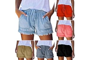 Binmer Womens Casual Drawstring Shorts Faux Denim Tassel Hem Lightweight Comfy Summer Elastic Waist Shorts Jeans with Pockets