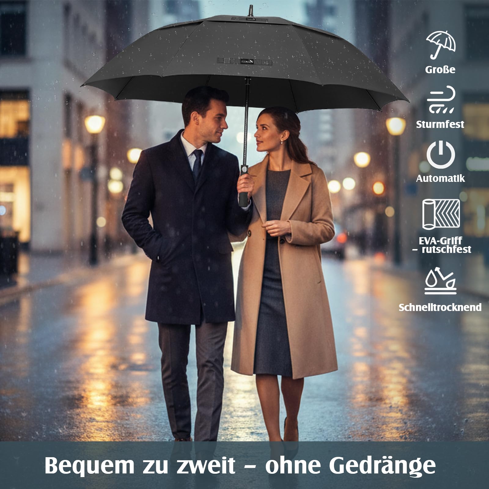 ZOMAKE Regenschirm Groß Sturmfest L - Großer Golf-Regenschirm, Windsicher & Stabil, Automatik Großer Schirm, Herren & Damen, 2 Personen, Outdoor & Reise(Schwarz) 4
