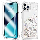 ANSHOW for iPhone 15 Pro Max Case Glitter, Shockproof Clear TPU Phone Case with 2 Screen Protectors, Bling Silver Glitters Case for Women