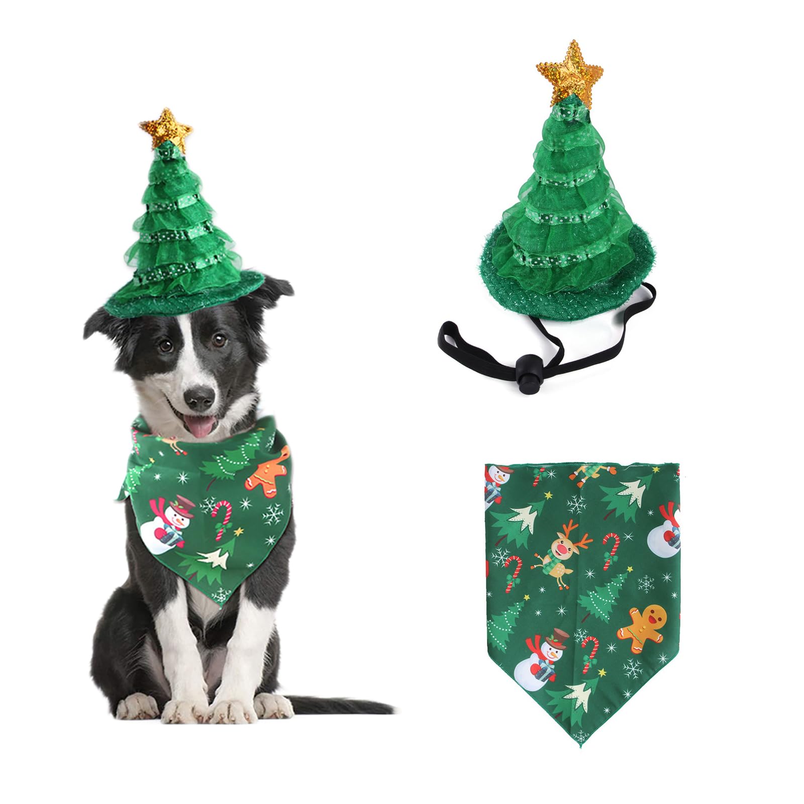 AWOCAN 2PCS Dog Cat Christmas Costume Christmas Tree Headband Bandana Scarfs Christmas Pet Costume for Puppy Kitty Christmas Pet Party Xmas Set Clothes (Green)