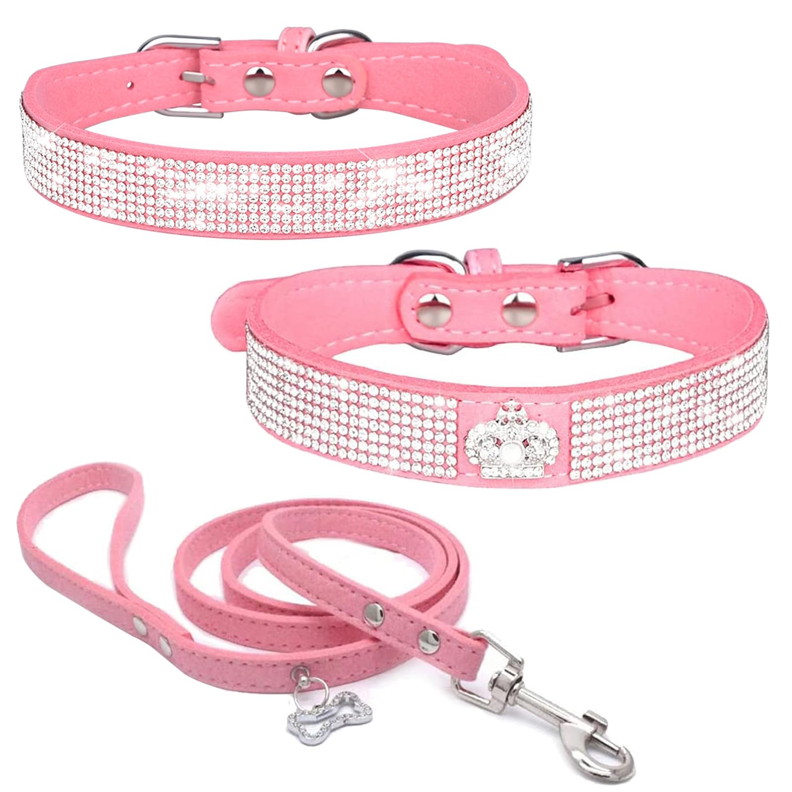 HALFSUMO Rhinestone Dog Collar Soft Velvet Leather Collar Dog Leash Combo Set Diamond Studded Bling Adjustable Puppy Collar for Small Medium Dogs Cats Pink XS