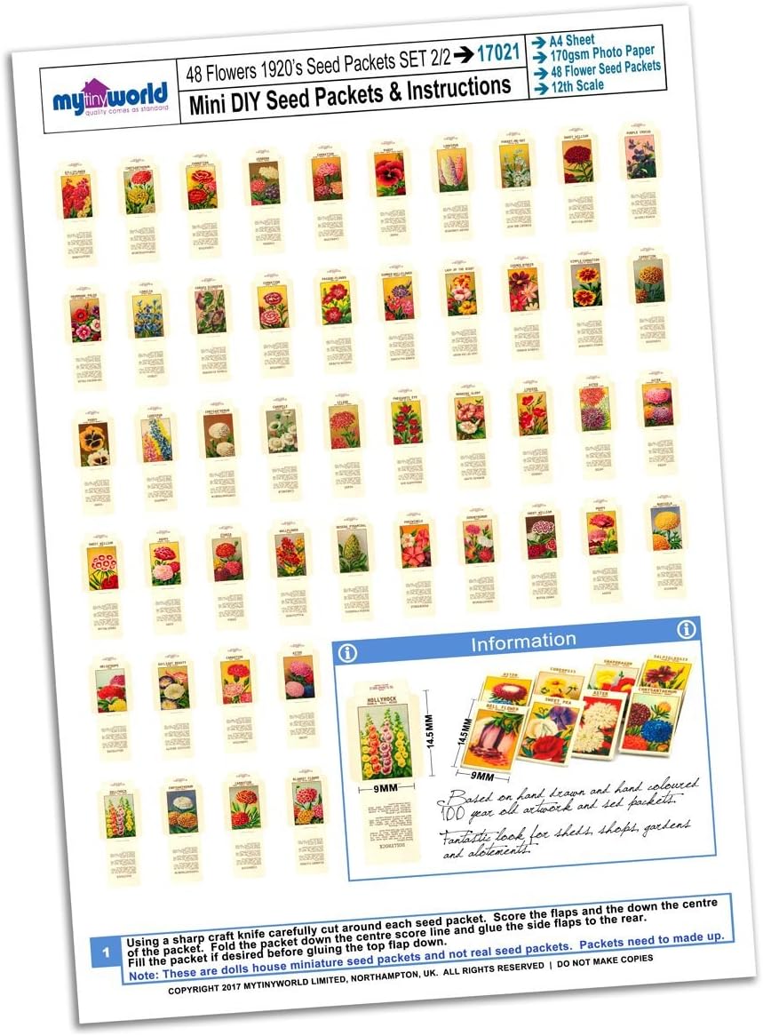 MyTinyWorld 48 Dolls House Miniature Flower Seed Packets A4 Value Sheet Set 2