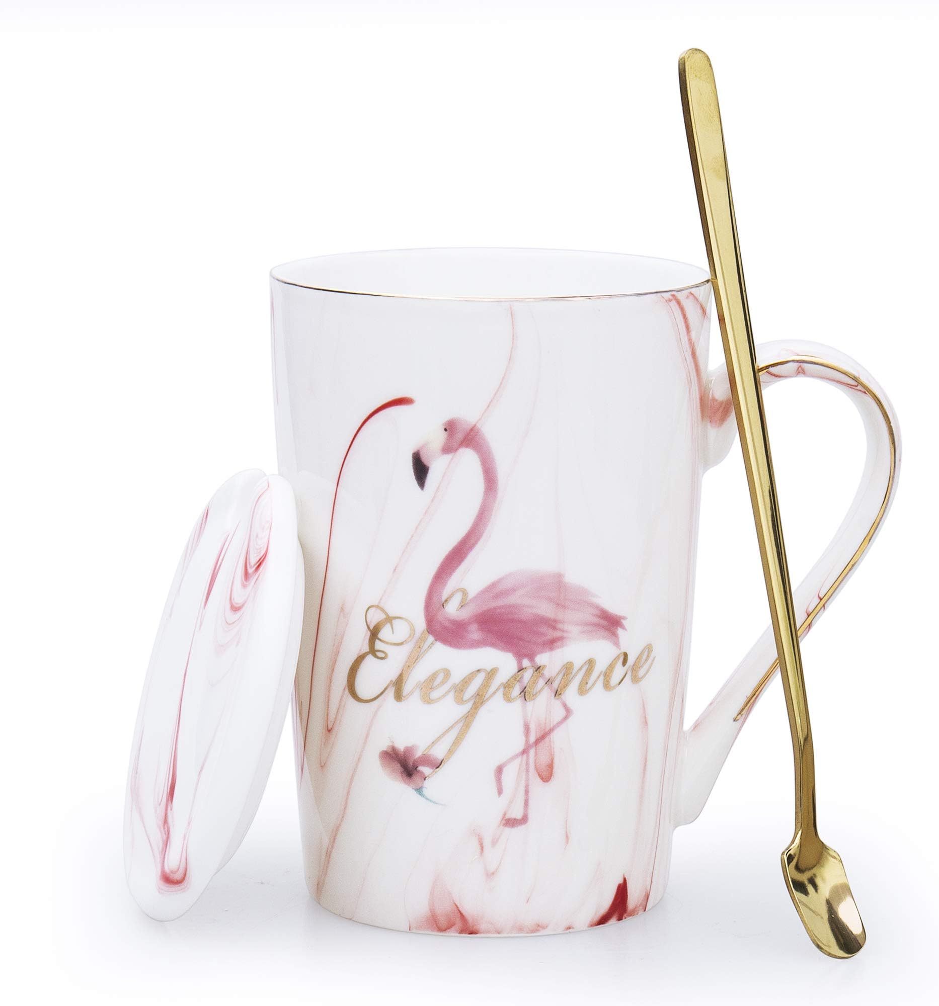 LanHong 14 oz Animal Mug Porcelain Tea Milk Cup with Lid and Spoon Ceramic Animal Cup Creative Anniversary Gift (Pink)
