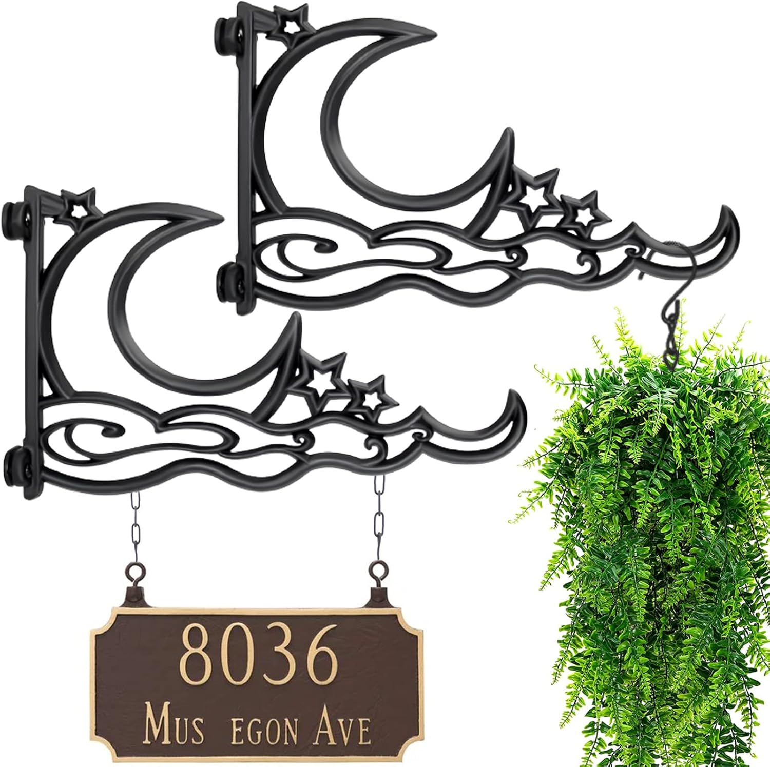 Outdoor Hanging Brackets - Heavy Duty Hanging Plant Brackets, 2pcs 13 inch Iron Wall Mount Bracket Durable Rust-Resistant Plant Hanger Hook for Hanging Plants Bird Feeder Lantern Wind Chimes, Indoor Outdoor Decor, Moon