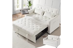 Skepphlay 3 in 1 Convertible Sofa Bed, Pull Out Couch with 3 Level Adjust Backrest, Sleeper Loveseat Recliner with 2 Pockets and Side Table, Velvet Chaise Lounge for Living Room, White, Full Size