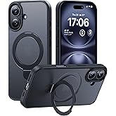 CellEver Strong Magnetic for iPhone 16 Case with Ring Stand [Military Grade Drop Tested] [Compatible with MagSafe] Slim Translucent Matte Phone Case (6.1") - Black