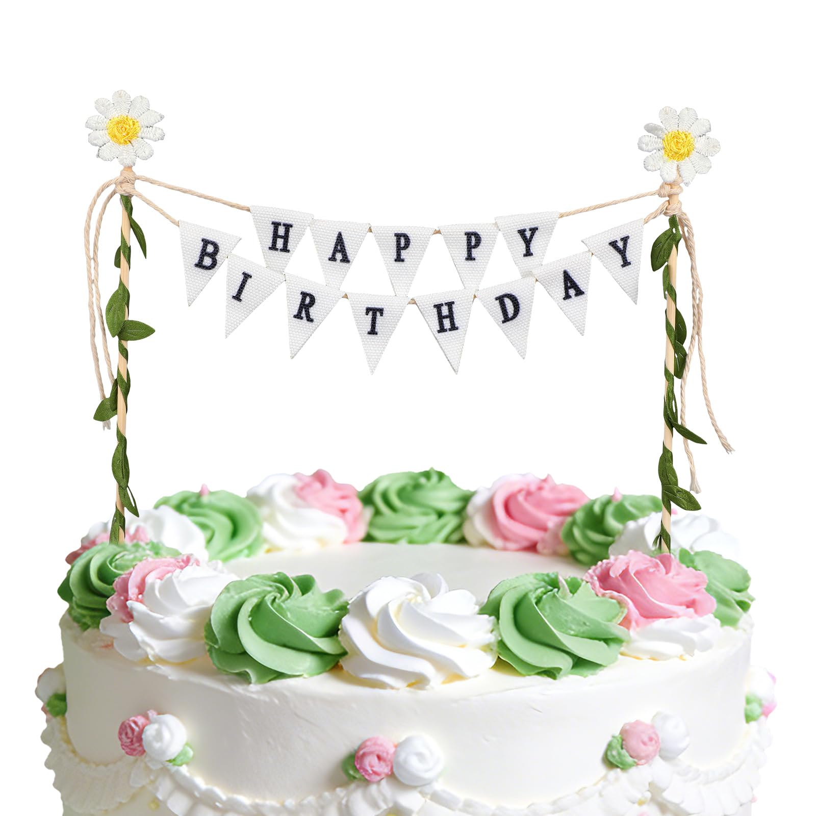 Birthday Cake Flag Banner, Handmade Pennant & Chrysanthemum Vines Happy Birthday Cake Topper Flag Banner Garland for Celebration Party Decor Supplies