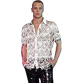 WDIRARA Men's Sequin Decor Fringe Button Front Shirts Short Sleeve Sheer Party T Shirt