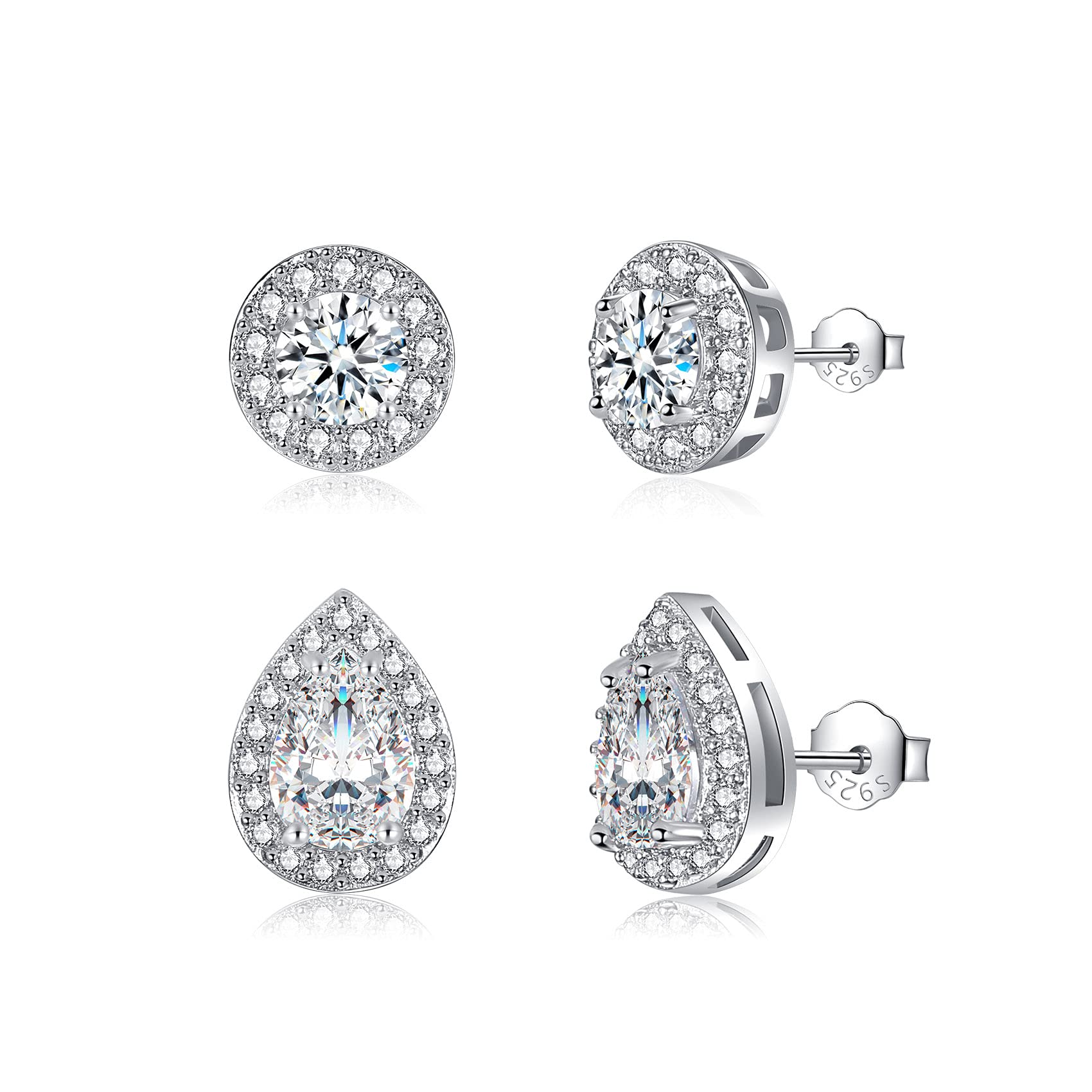 CERSLIMO 2 Pairs Silver Stud Earrings for Women Girls, Round Faux Diamond Halo Earrings | Teardrop Cubic Zirconia Stud Earrings - Dainty Bridal Earrings Jewelry for Brides Bridesmaids Wedding