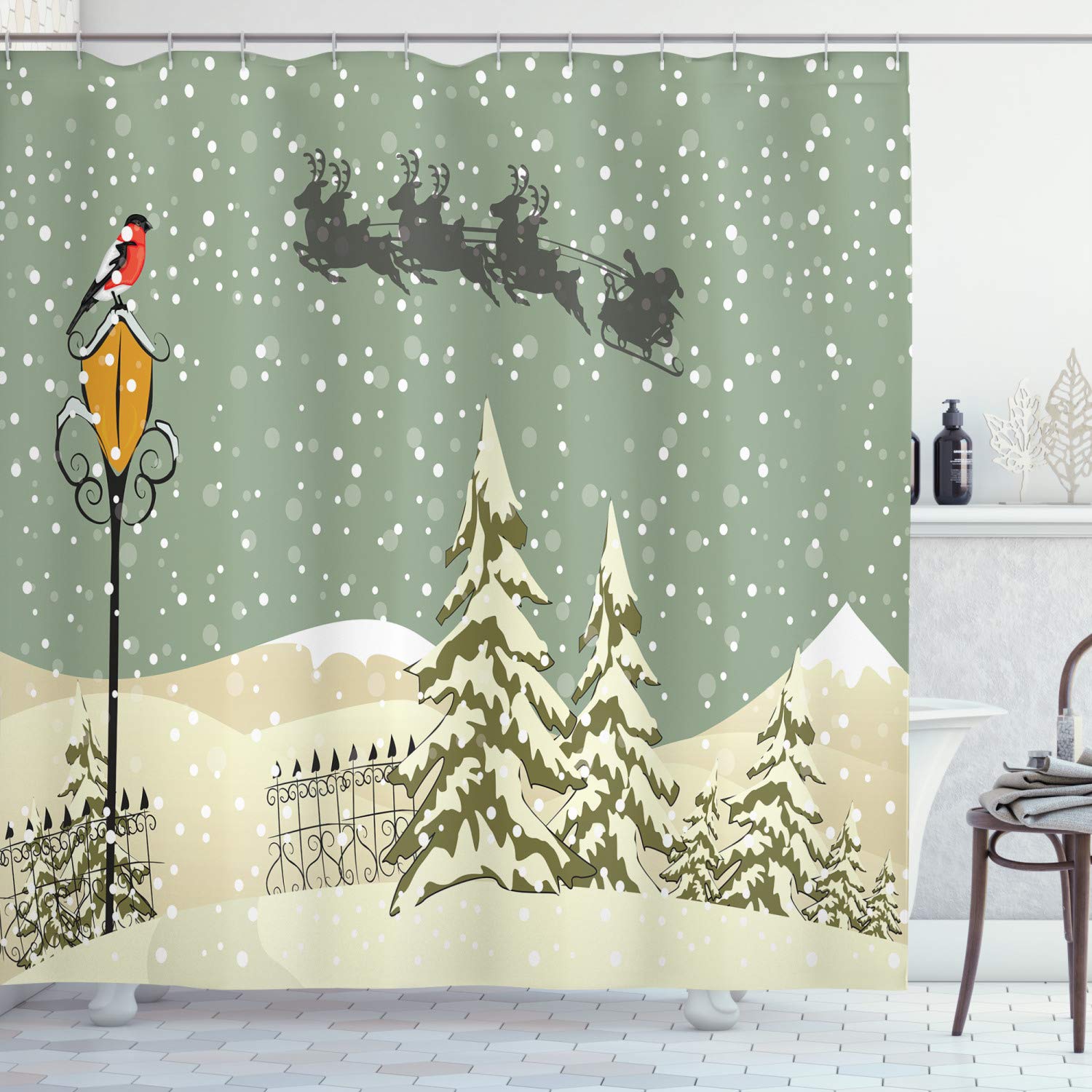 ABAKUHAUS Christmas Shower Curtain, Santa Claus Flying Reindeer Christmas Composition Winter Season, Cloth Fabric Bathroom Decor Set with Hooks, 94 Inches, Beige Green White
