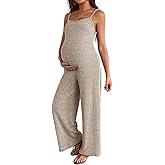 BLENCOT Maternity Ribbed Jumpsuit Sleeveless Square Neck Wide Leg Stretchy One Piece Romper