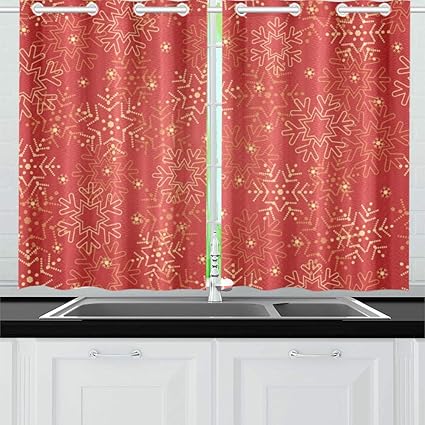Amazon Com Yumoing Red Gold Snowflakes Kitchen Curtains Window