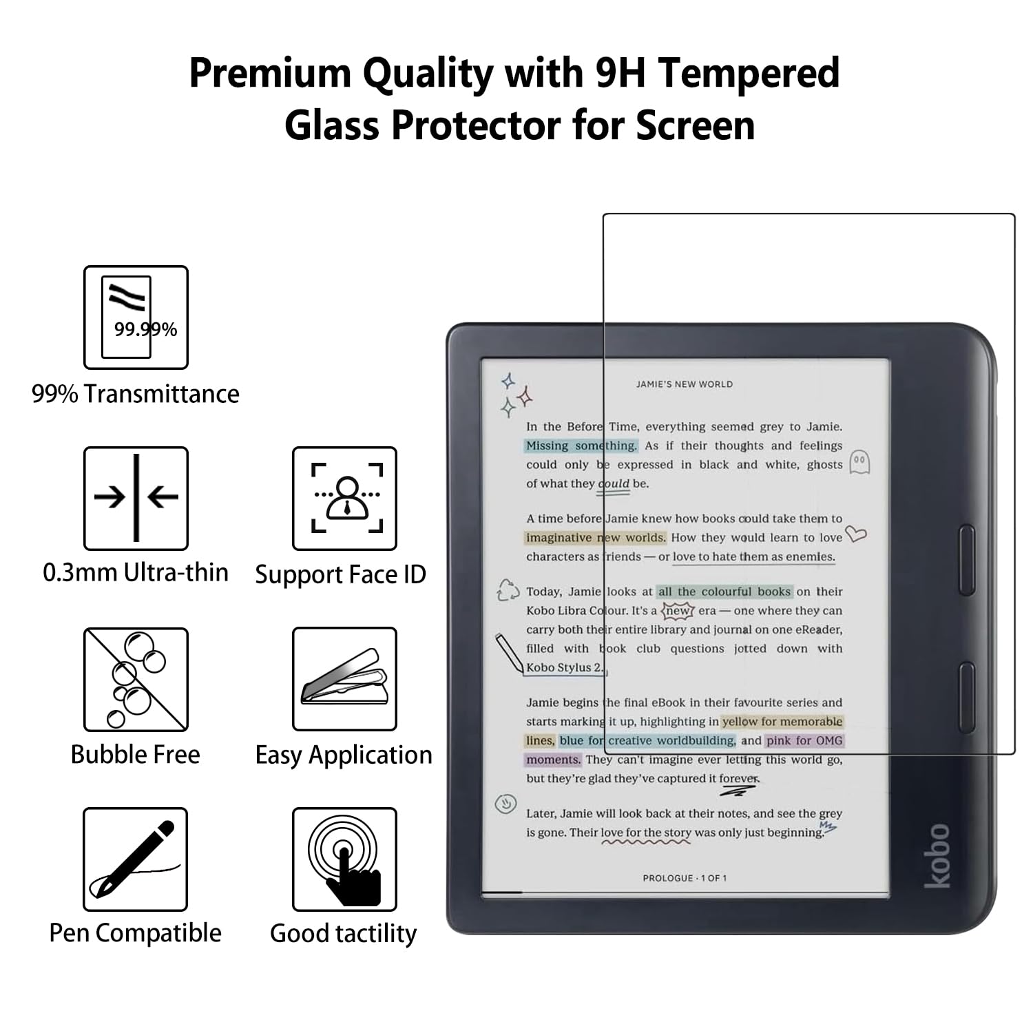 Aircawin Screen Protector for 7'' Kobo Libra Colour 2024/Kobo Libra 2 2021,9H Tempered Glass Film for Kobo Libra Colour 7 inch E-reader,HD Clear,Bubble Free,Scratch-Proof,Case Friendly-2 Pack