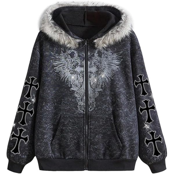 Women's Gothic Punk Style Hoodie Jacket - Black & Red, Om/Peace Patches, 100% Cotton, Zip Front