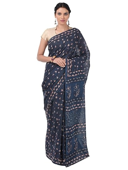 Finest Quality Cotton - Handmade Tarapur Print - Indigo Dabu with Bagh - Block Print Saree with Blouse Piece