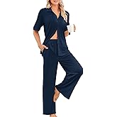 Kikibell Womens Pajama Sets 2 Piece Outfits Lounge Pjs Waffle Knit Sleepwear Button Down Shirts Wide Leg Pants with Pockets