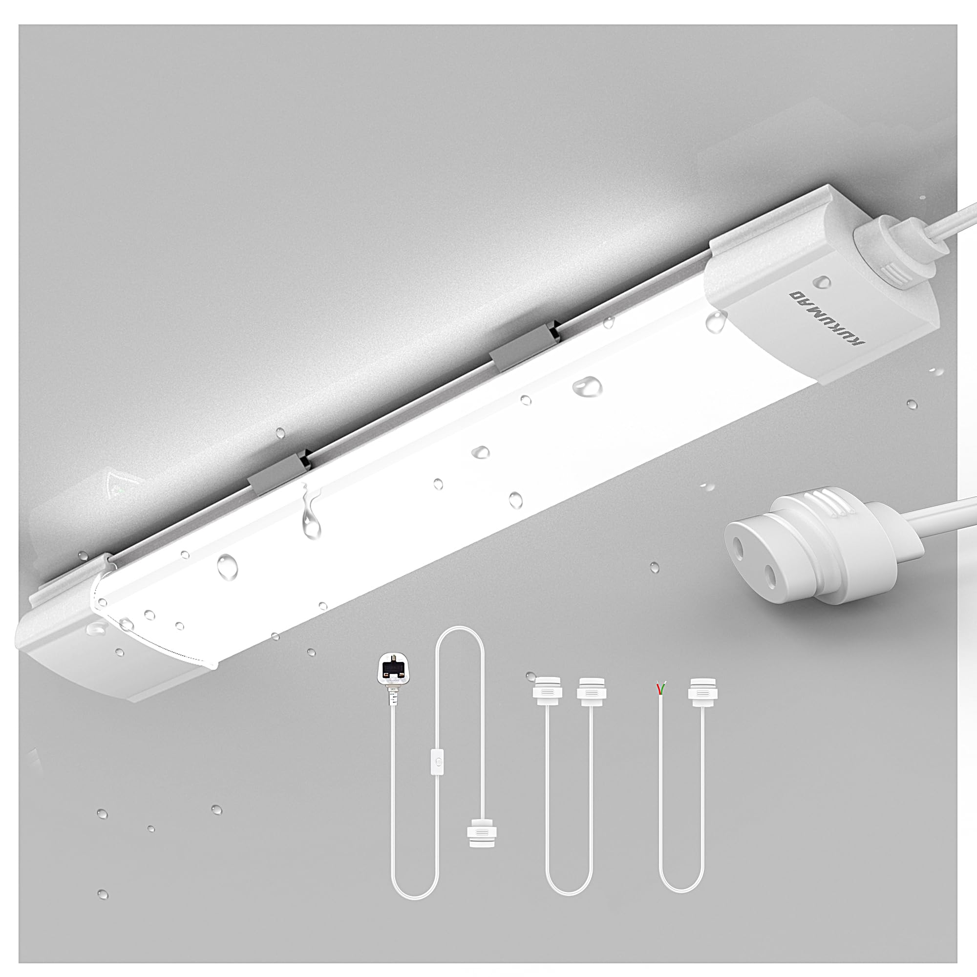 KUKUMAO LED Batten Light Daylight 6000K with Plug,Linkable LED Fluorescent Lights for Garage, Workshop, Office, Wall, Kitchen, Shed, IP65 Plug in Ceiling Light Strip. 1.4FT, 43cm, 16W.