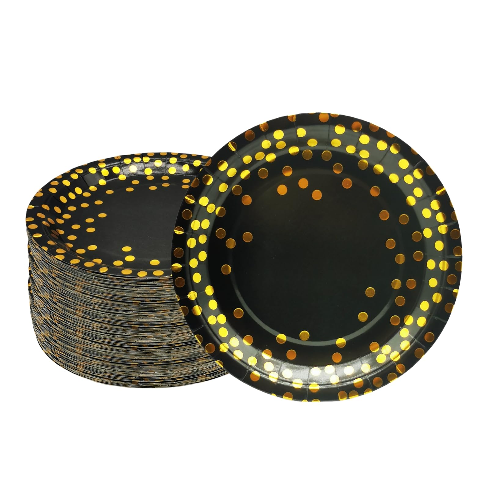 CEILIWEN Gold & Black Party Plates - Pack of 100, 9''/23CM Dots Paper Plates, Party Decoration Supplies (23CM-100PCS)