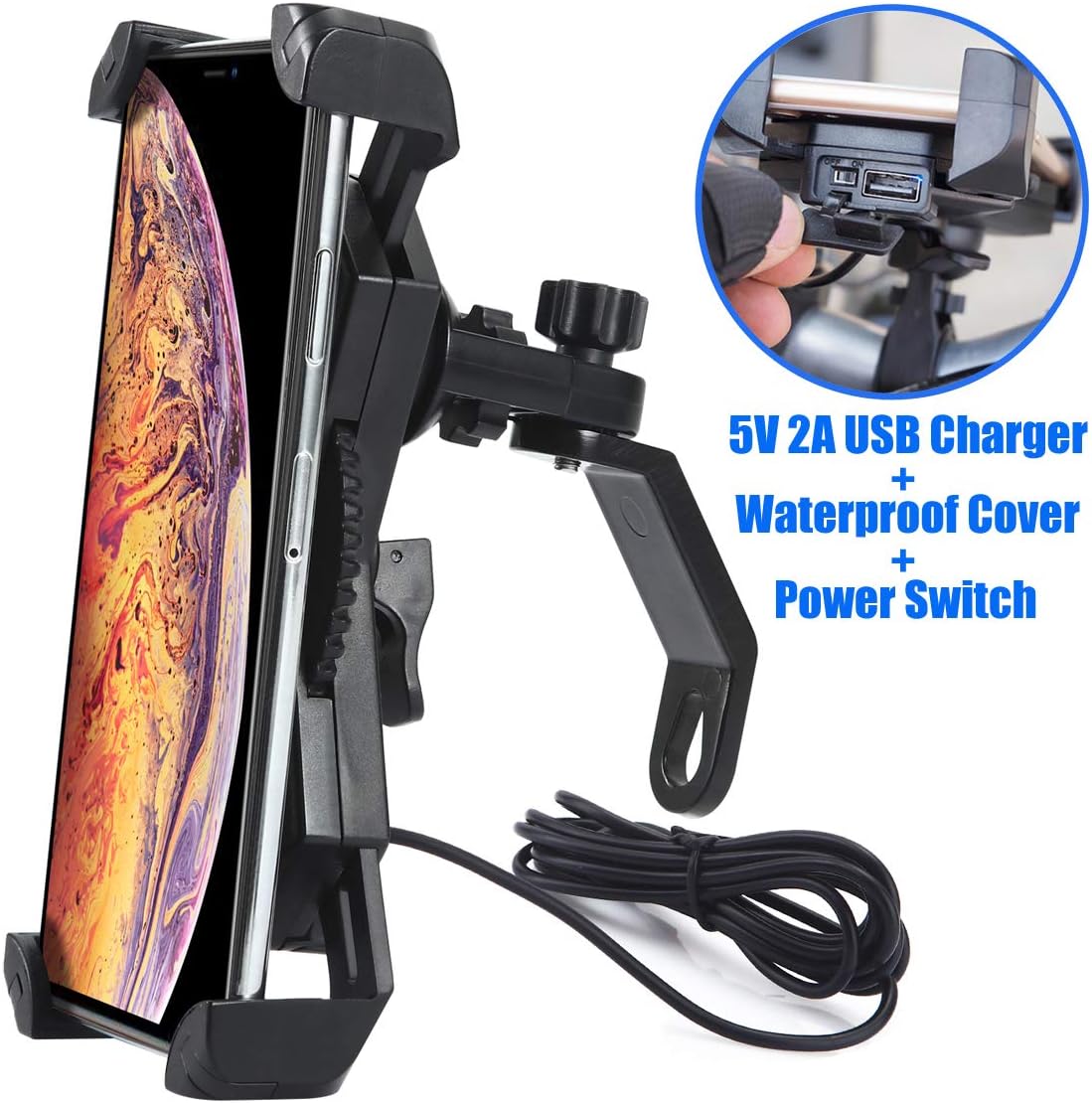 PROCYMD 2 in 1 Waterproof 12V to 85V Motorcycle E-Bike Phone Holder with 5V 2A USB Charger for 3.5'' to 6.5'' GPS/Smartphone/Mobile Devices on Scooter Rearview Mirror(Black)