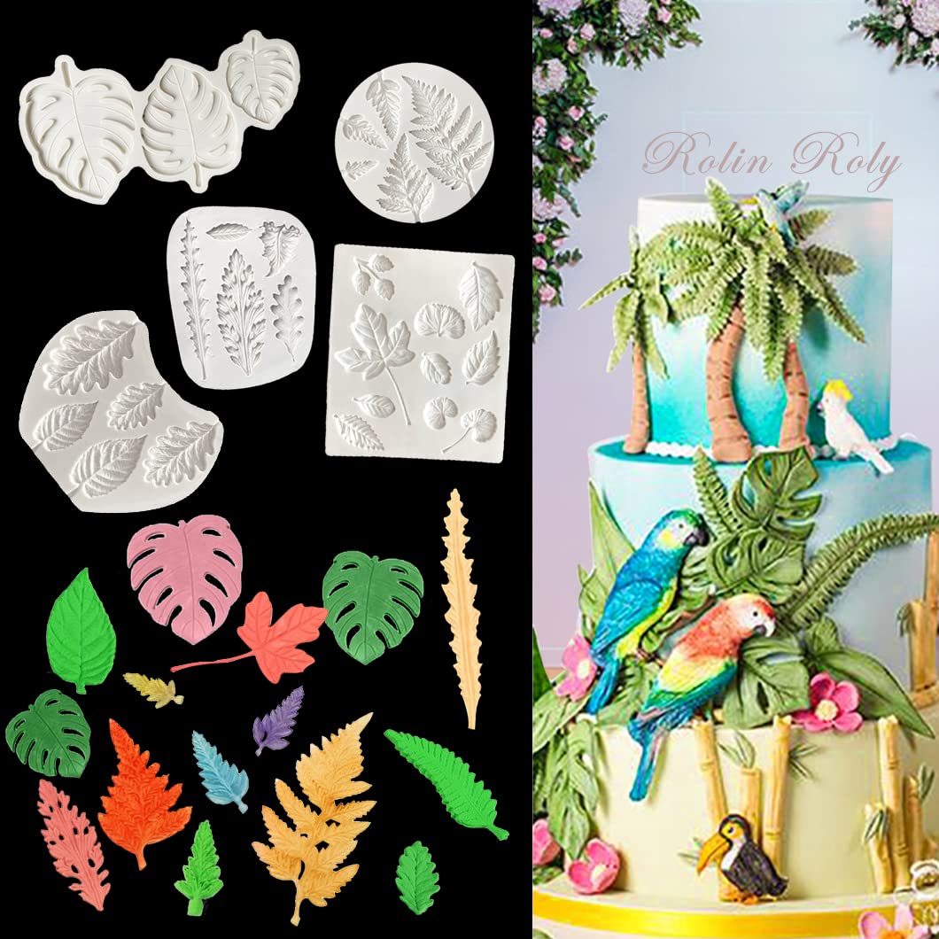 Rolin Roly 5Pcs Fondant Cake Ferns Molds Monstera Leaves Silicone Mould Maple Leaf Mold 3D Mini Tropical Leaf Moulds for Jelly Sugar Candy Chocolate Cake Decoration