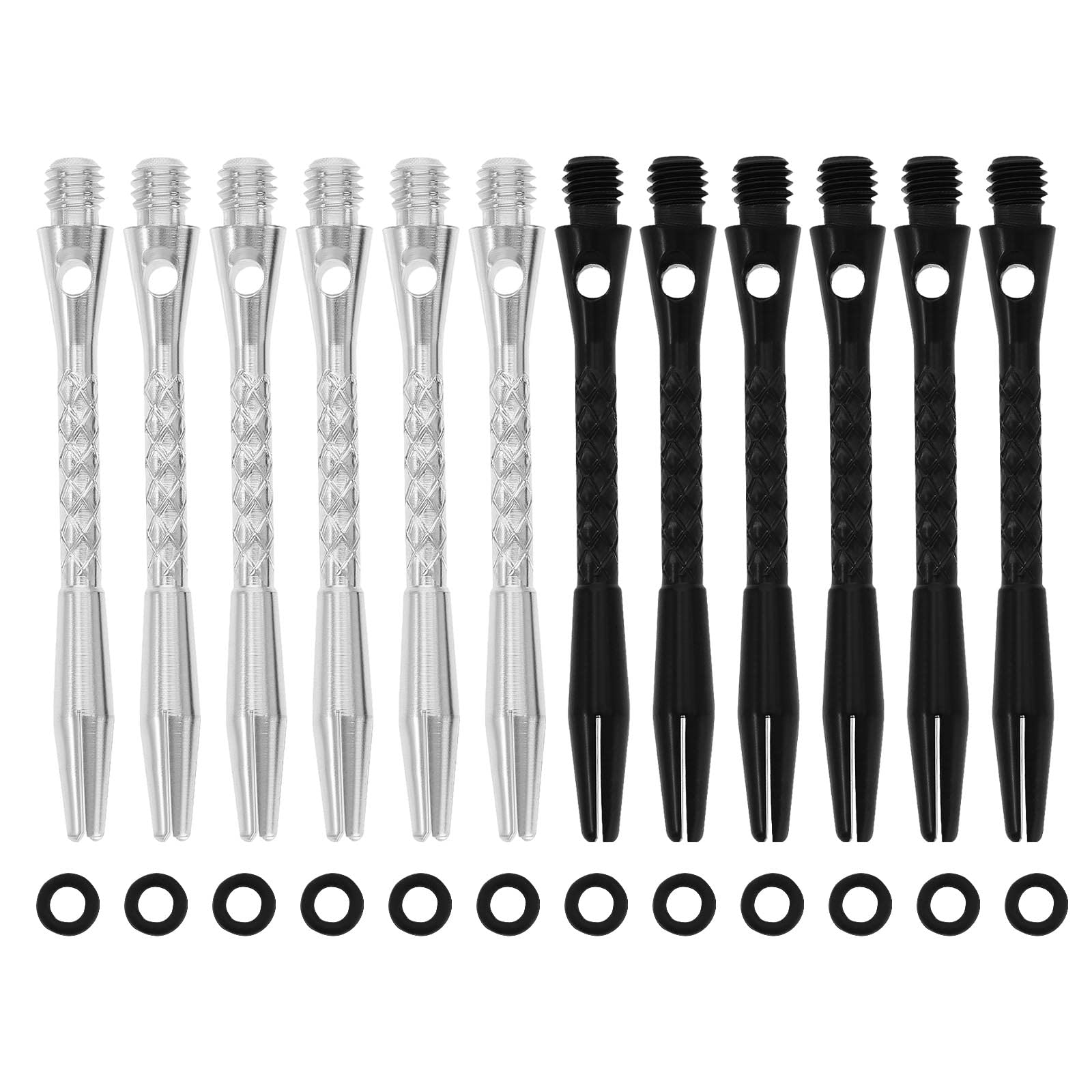 ECSiNG 12PCS Dart Shafts with Rubber O-Rings 45mm Standard 2BA Thread Harrow Stems Aluminum Dart Pole Rod Throwing Fitting in Black Silver Includes 6PCS Each Colour